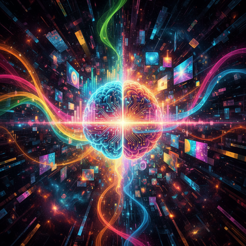 A glowing, split-colored human brain integrated with digital circuitry floats amidst a vibrant, abstract field of data streams and colorful light trails.