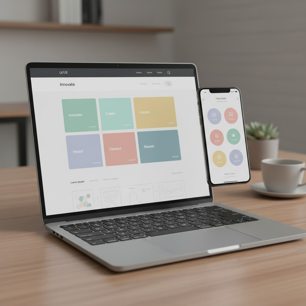 A laptop and a smartphone displaying a UI/UX design interface sit on a wooden desk next to a coffee cup and a small potted plant.