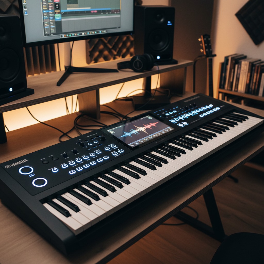 A Yamaha synthesizer keyboard sits on a wooden desk in a home music studio with a computer monitor and studio speakers in the background.
